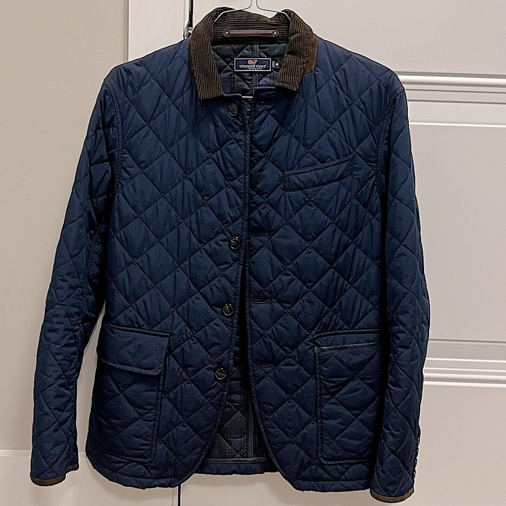 Quilted blazer. Navy blue with brown corduroy collar and sleeve tips.